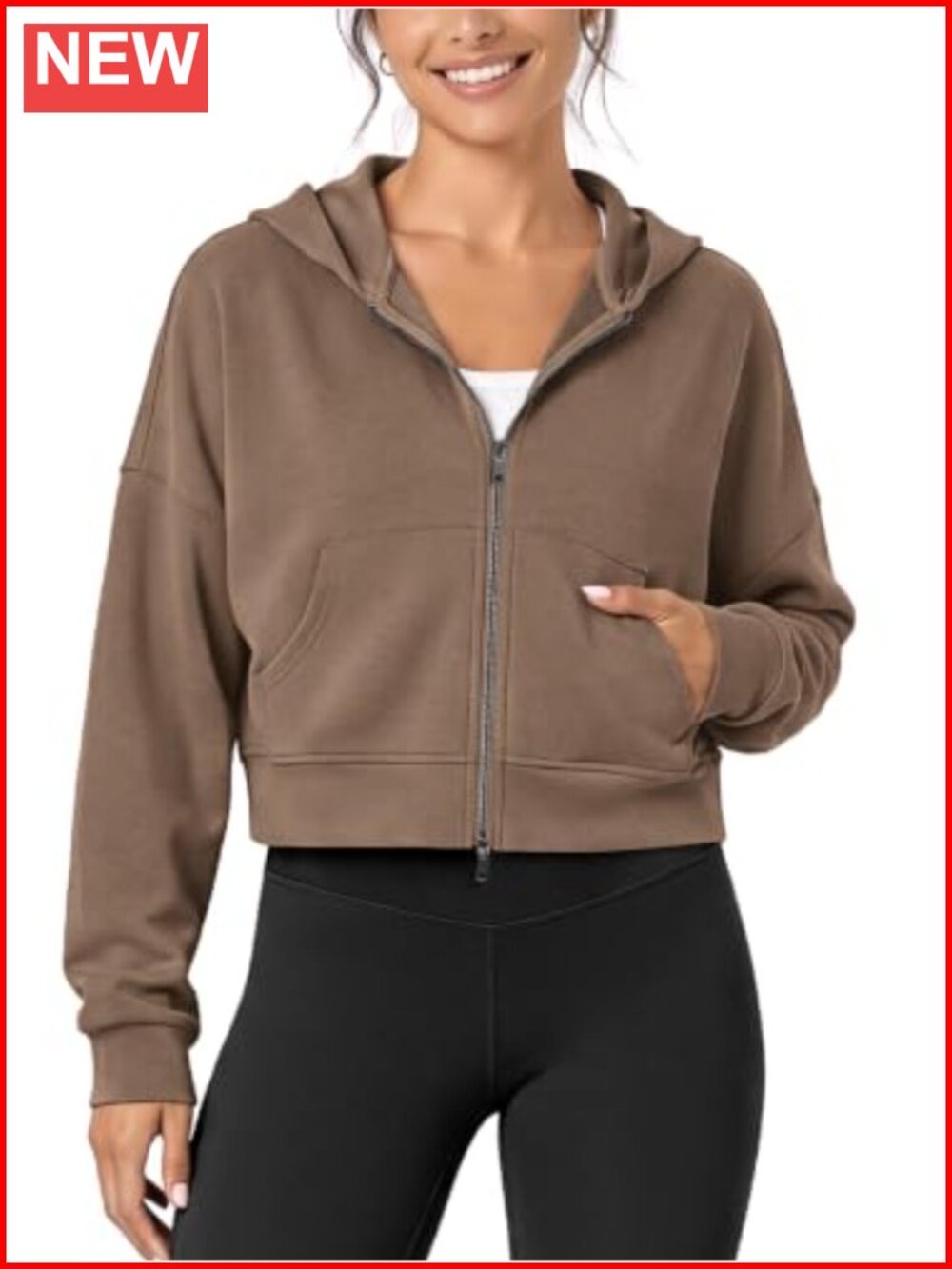 Modal Soft Full-Zip Cropped Hoodie with Pockets Long Sleeve Casual Sweatshirt